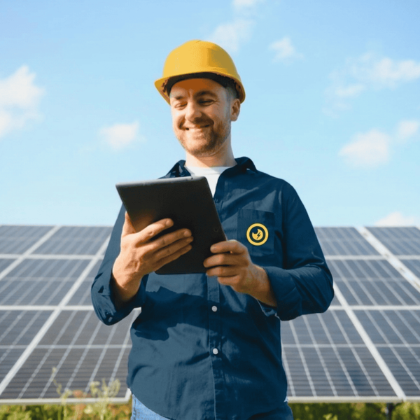Instalación de cargadores de coches eléctricos 4 Un técnico cualificado de Ojoalvatio, sonriendo con un casco amarillo y una camisa de trabajo con el logo de la empresa, sostiene una tablet frente a un gran array de paneles solares montados en el suelo. Este profesional revisa un proyecto para combinar una instalación fotovoltaica con un cargador de coche eléctrico, la combinación perfecta para conseguir un ahorro de movilidad de 0€ por cada 100 km. Esta imagen demuestra la experiencia de Ojoalvatio en soluciones de autoconsumo integradas y su compromiso con la máxima eficiencia energética y económica.