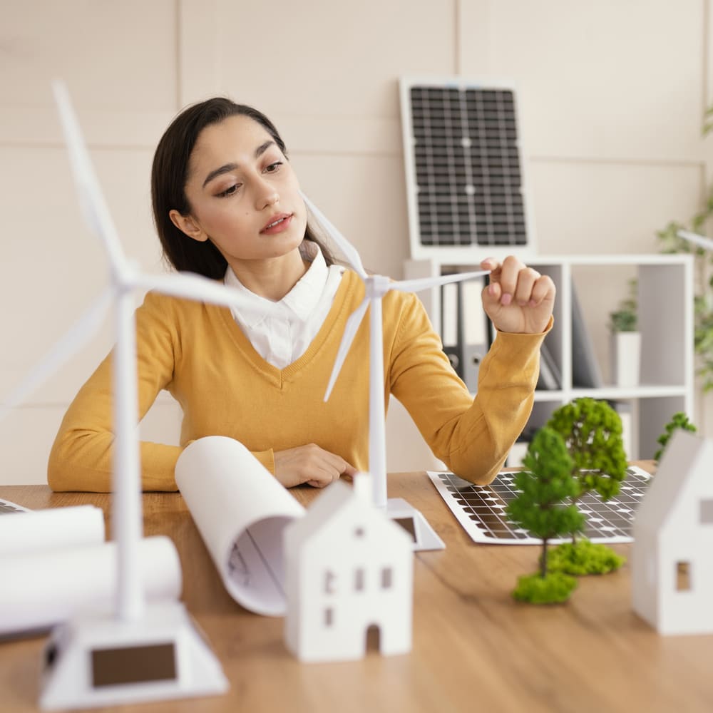 Certificados de Ahorro Energético (CAE) 4 Asesora energética analizando maquetas de energías renovables, paneles solares y aerogeneradores sobre una mesa